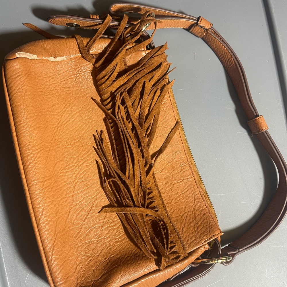 Tan Leather Fringe Shoulder Bag